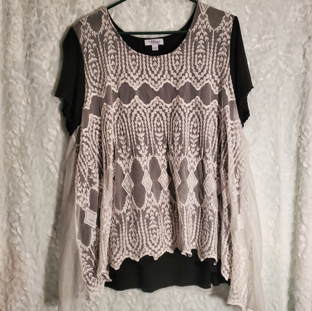 Mesh Lace Layered Black T-Shirt Blouse Size 2X
